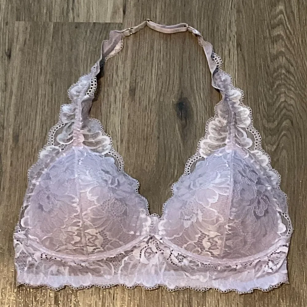 Savage X Fenty Halter Floral Lace Wireless‎ Lined Bralette Size Medium Purple